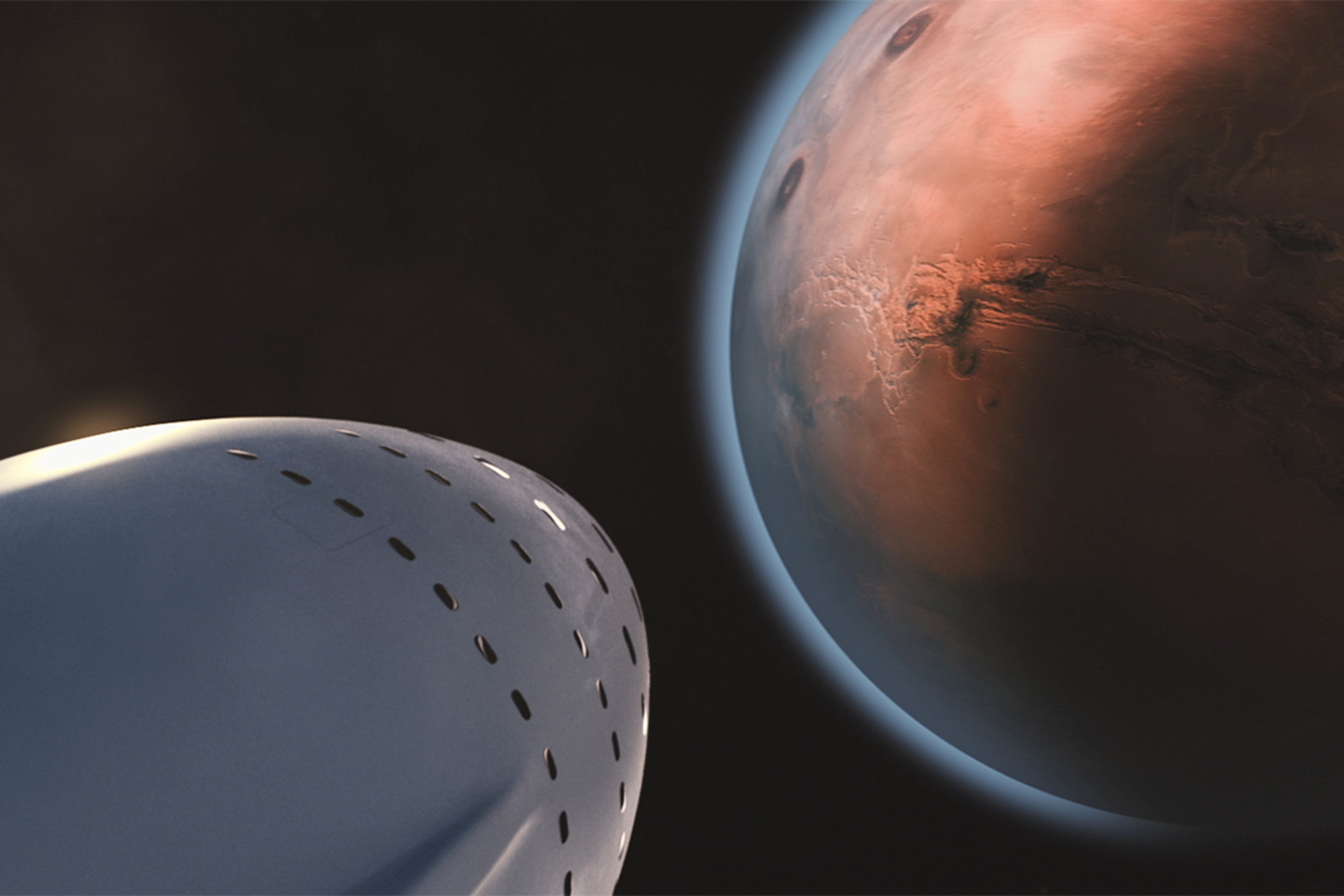 The spaceship is flying to make a research report life on mars